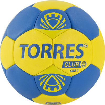 Мяч ганд. "TORRES Club" арт.H32142, р.2, ПУ, 5 подкл. слоев, руч. сшивка, сине-желтый
